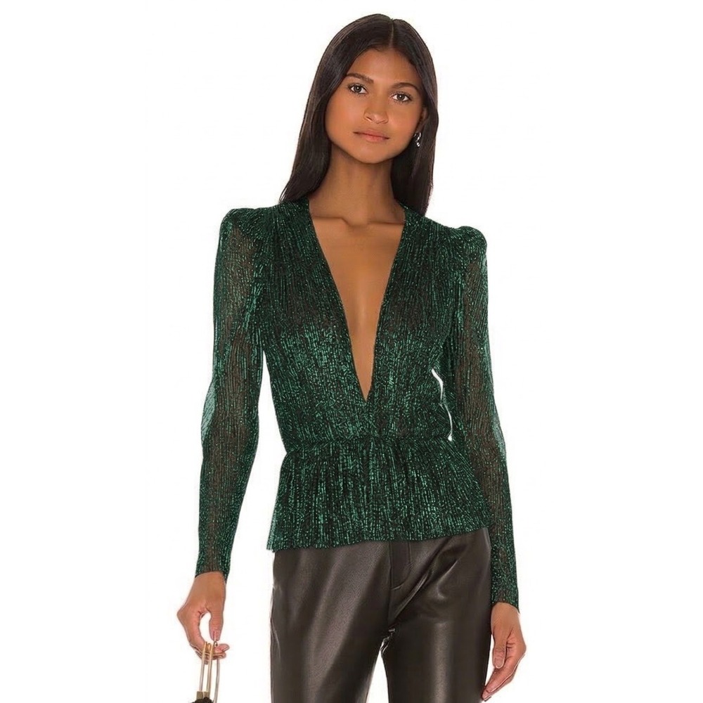 Sabina Musayev Samantha Top Womens Small Emerald Green Metallic Pleated Peplum